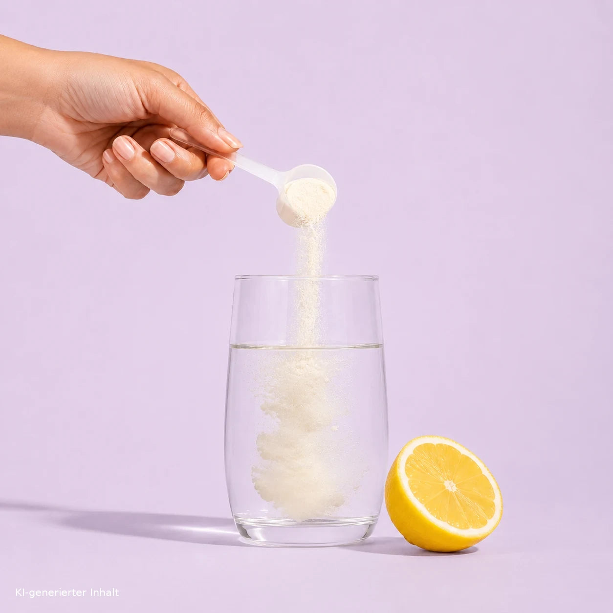 Hand schüttet Kollagenpulver aus einem Messlöffel in ein Glas Wasser, daneben eine aufgeschnittene Zitrone auf violettem Hintergrund