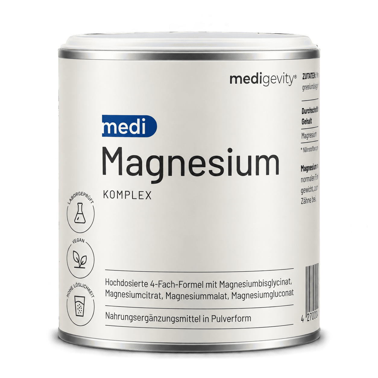 medi Magnesium Komplex Pulver – hochdosierte 4-Fach-Formel mit Magnesiumbisglycinat, -citrat, -malat und -gluconat
