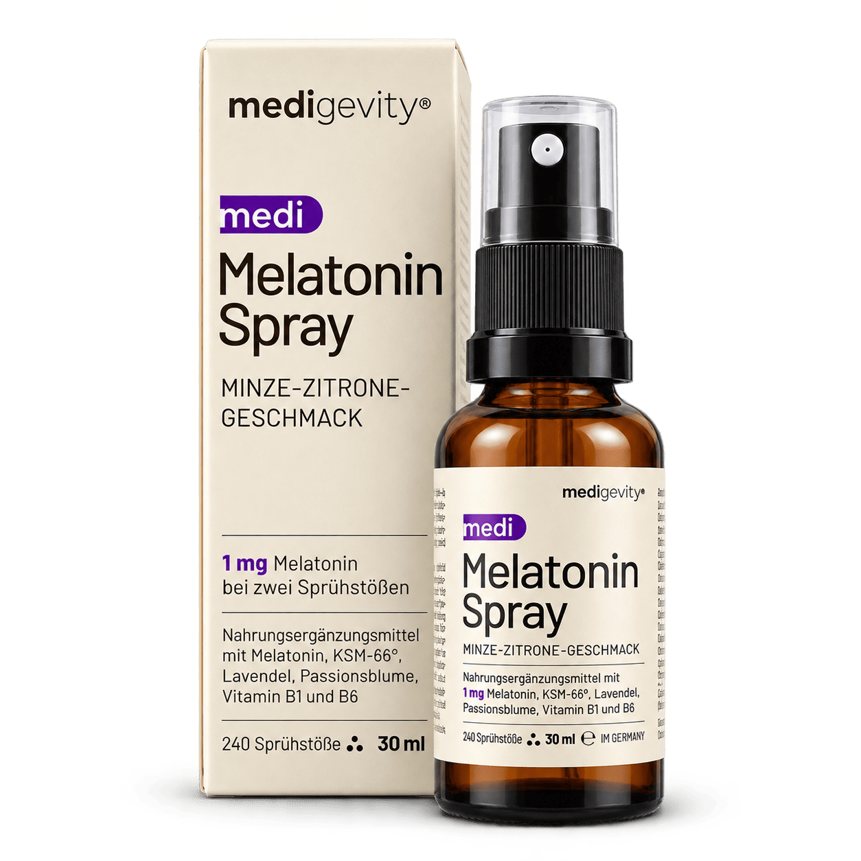 medi Melatonin Spray, Minze-Zitrone-Geschmack – 1 mg Melatonin pro zwei Sprühstößen, mit KSM-66, Lavendel, Passionsblume, Vitamin B1 und B6