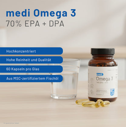 medi Omega 3 Kapseln – hochkonzentriert, hohe Reinheit und Qualität, 60 Kapseln pro Glas, aus MSC-zertifiziertem Fischöl