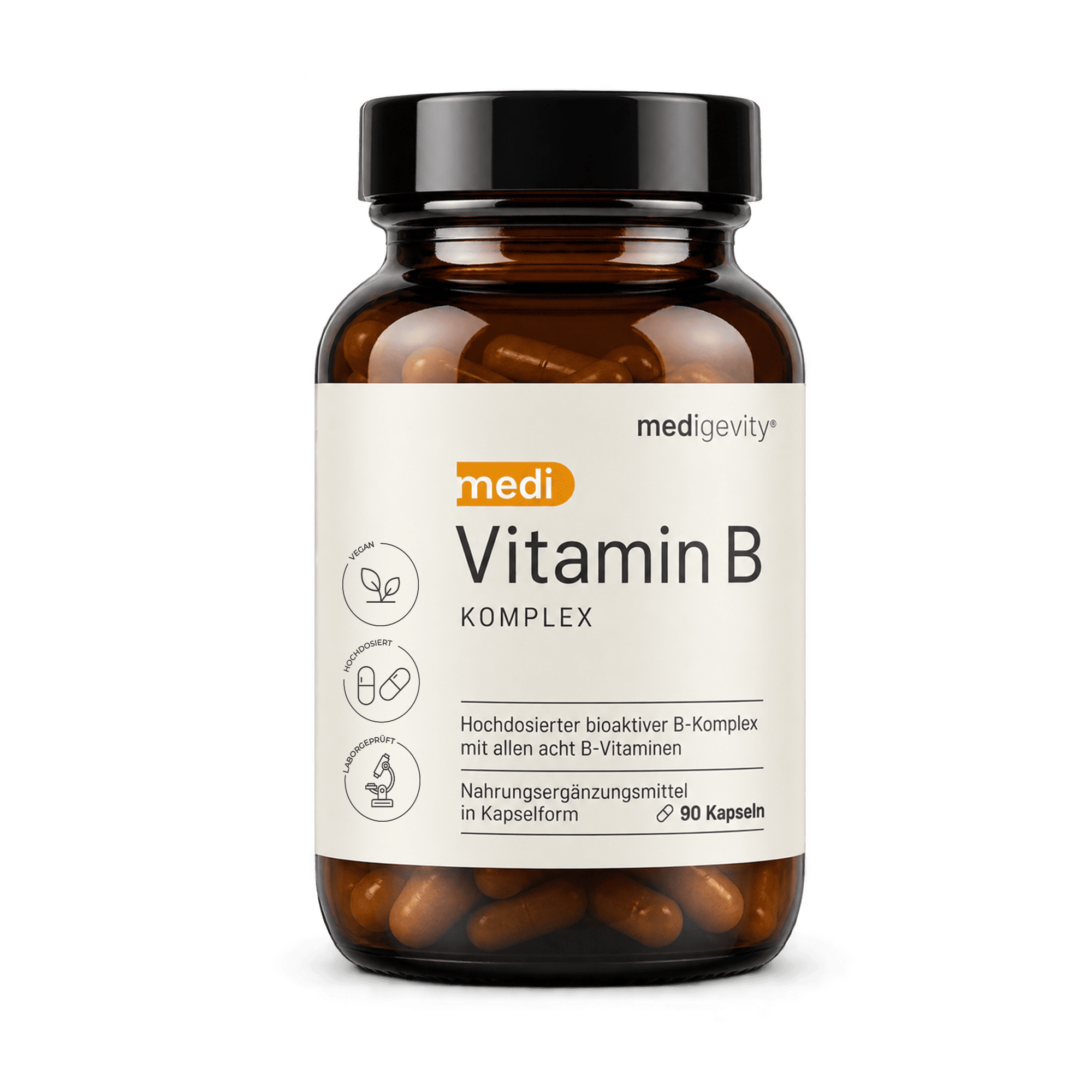 medi Vitamin B Komplex Kapseln 90 Stück – hochdosierter bioaktiver B-Komplex mit allen acht B-Vitaminen, vegan und laborgeprüft