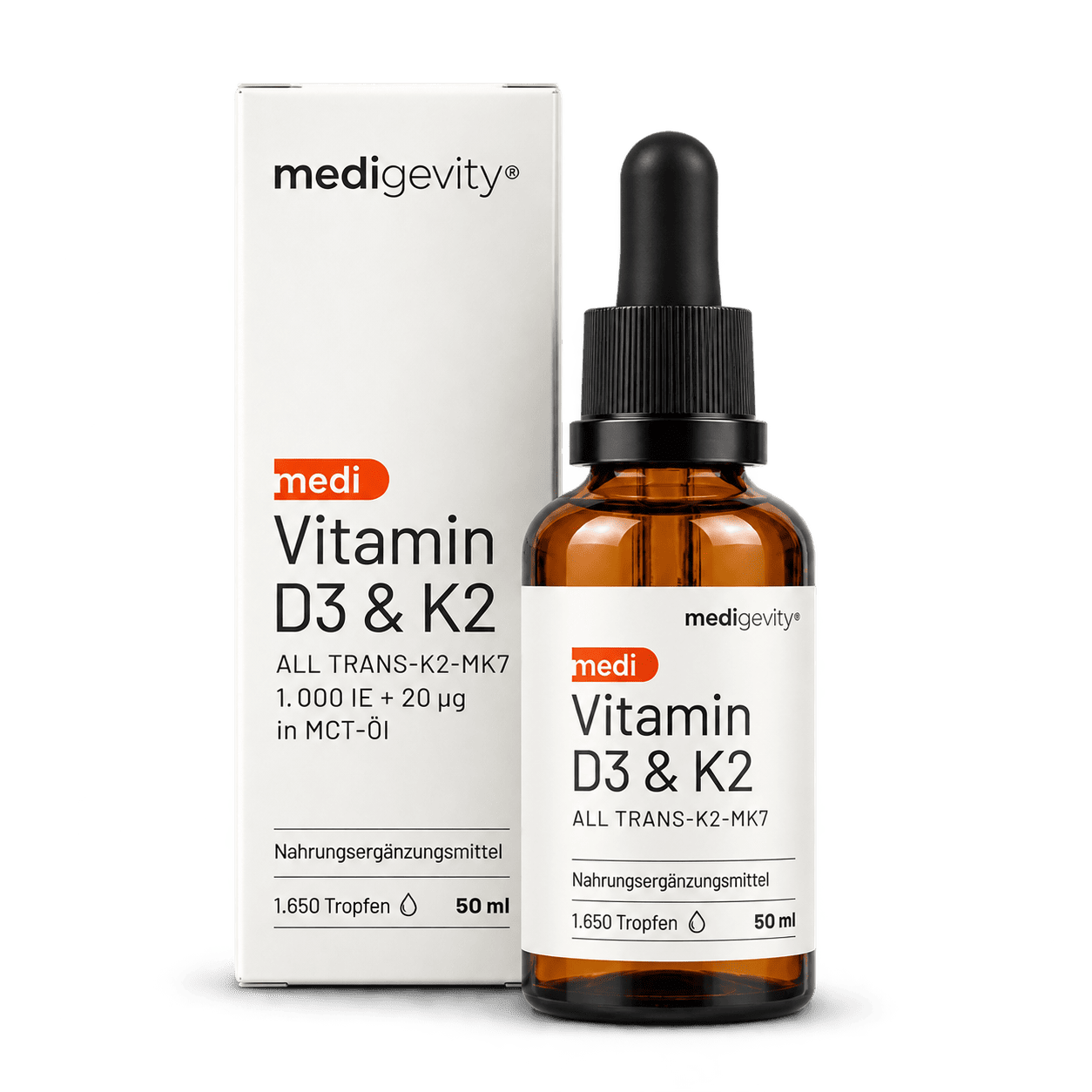 medi Vitamin D3 & K2 Tropfen 50ml – Vitamin D3 mit all-trans Vitamin K2 (MK7), Nahrungsergänzungsmittel