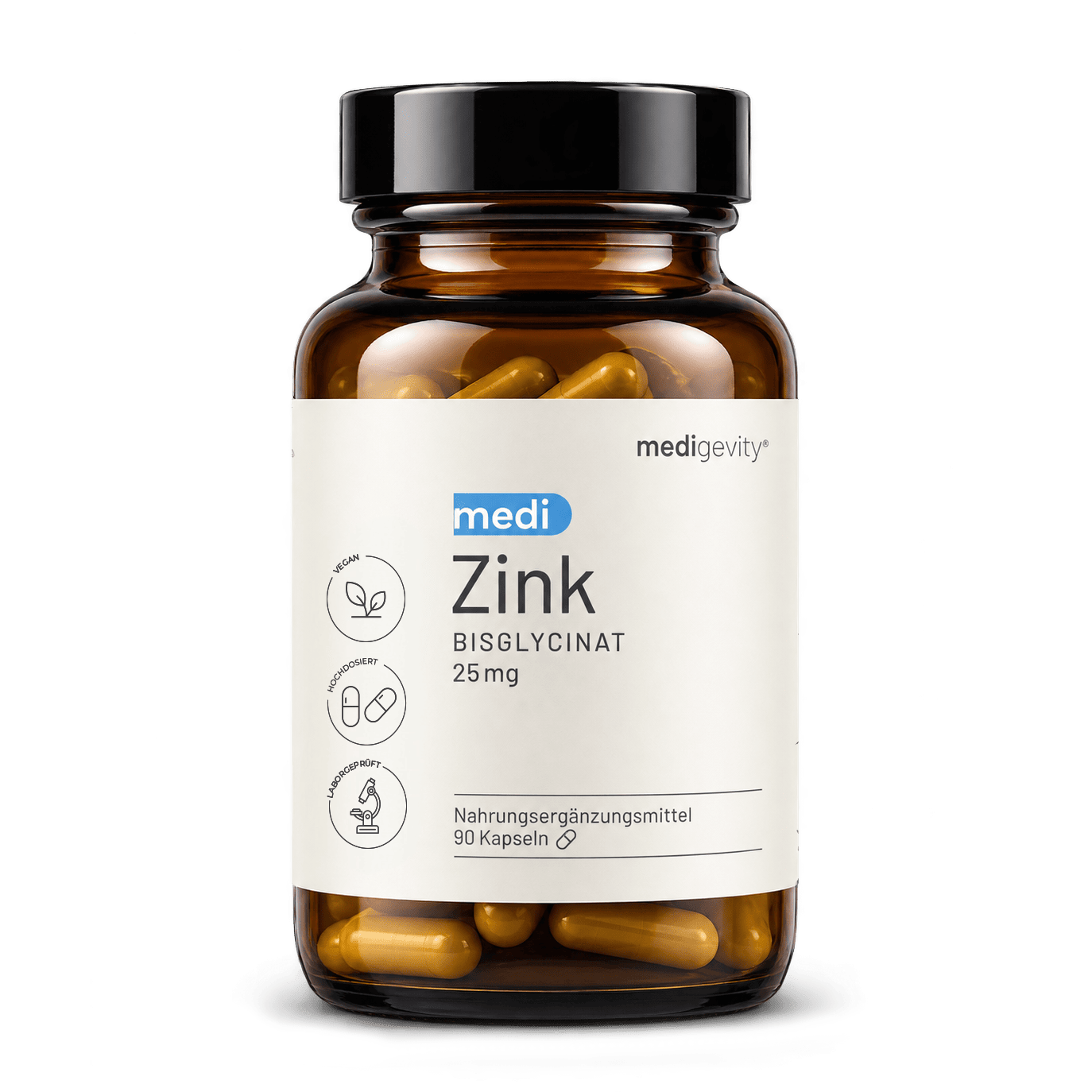 medi Zink Bisglycinat 25 mg, 90 Kapseln – hochdosiert, vegan und laborgeprüft