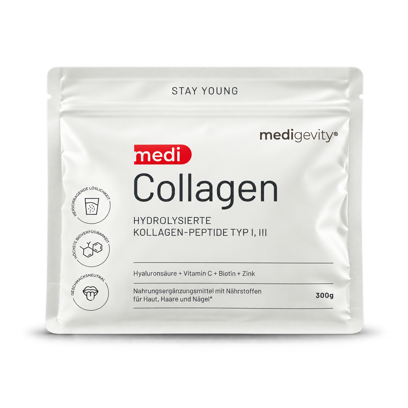 mediCollagen Kollagenpulver 300g – hydrolysierte Kollagen-Peptide mit Hyaluronsäure, Vitamin C, Biotin und Zink