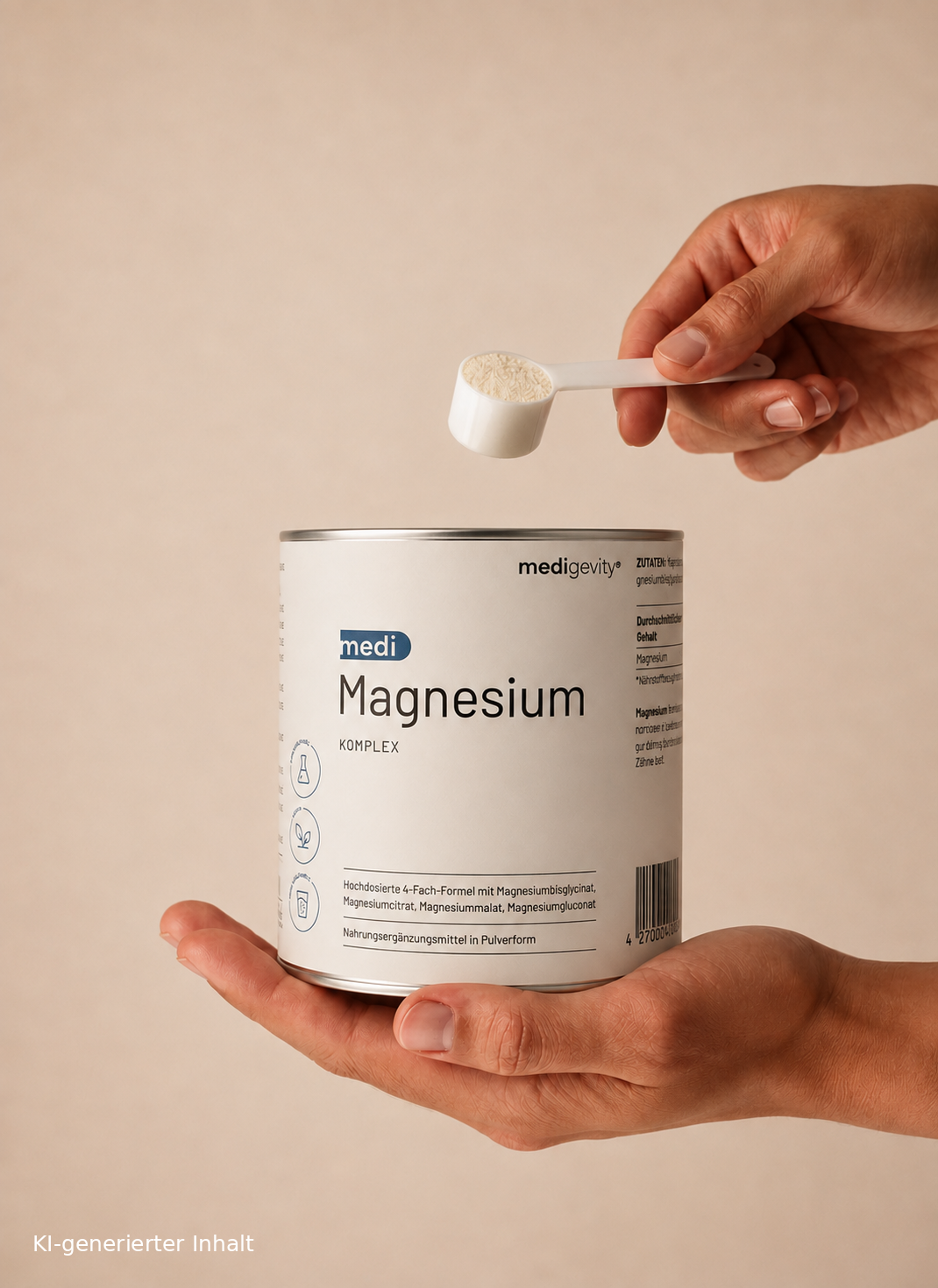 Hand schüttet Magnesiumpulver aus einem Dosierlöffel in eine geöffnete Dose medi Magnesium Komplex