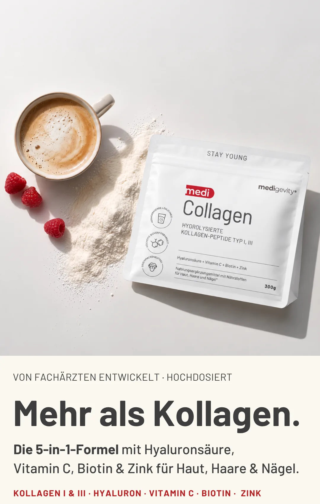 medi Collagen Pulver von medigevity mit Hyaluronsäure, Vitamin C, Biotin und Zink – Beutel neben Cappuccino und Himbeeren
