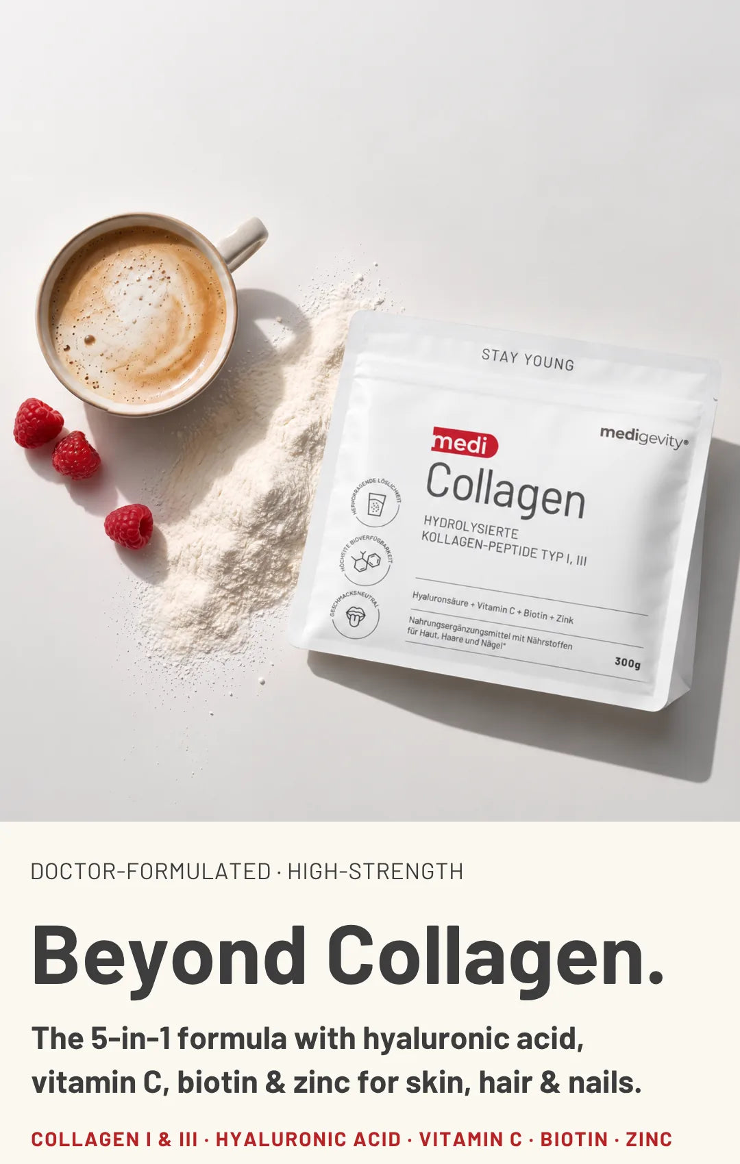 medigevity medi Collagen powder with hyaluronic acid, vitamin C, biotin and zinc – pouch next to a cappuccino and raspberries