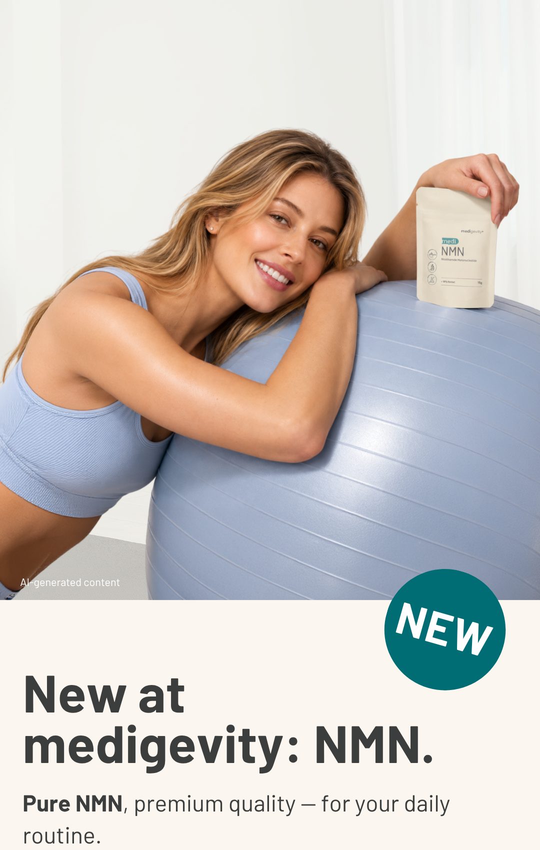 Woman leaning on an exercise ball holding medi NMN powder pouch – New at medigevity, pure NMN premium quality