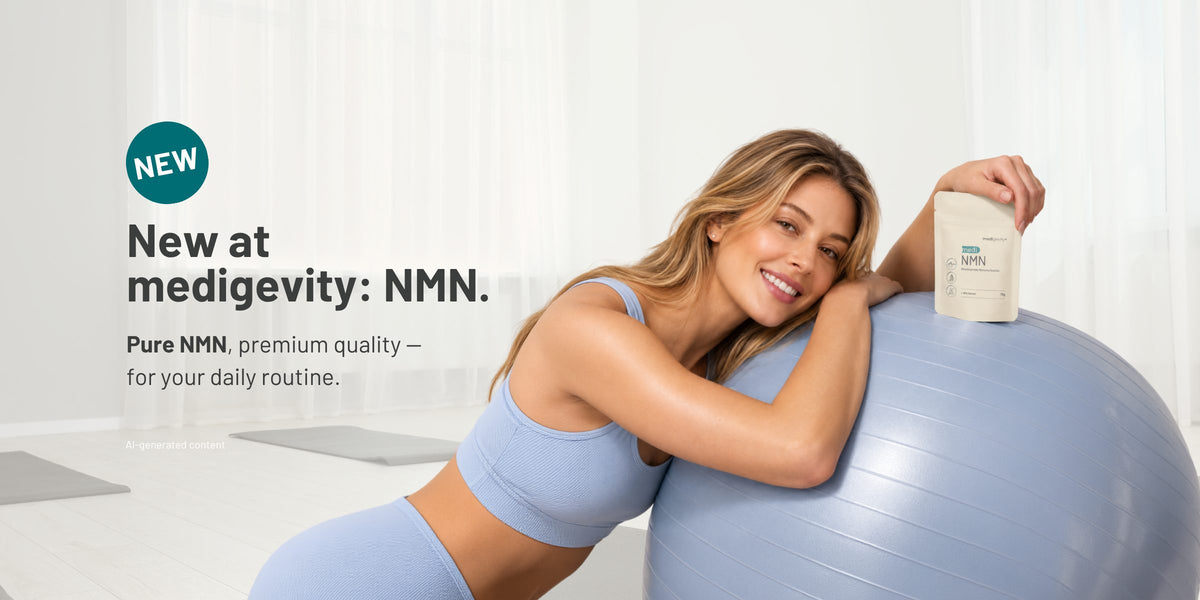 Woman leaning on an exercise ball holding medi NMN powder pouch – New at medigevity, pure NMN premium quality, desktop banner