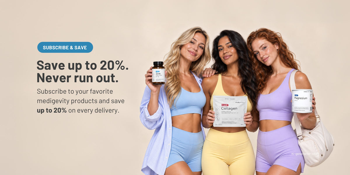 Three women holding medi Collagen, Zinc, and Magnesium products with a Subscribe & Save 20% promotion