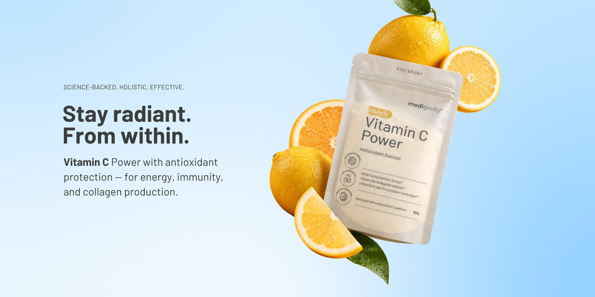 medi Vitamin C Power antioxidant powder pouch with fresh oranges and lemons – for energy, immunity, and collagen production