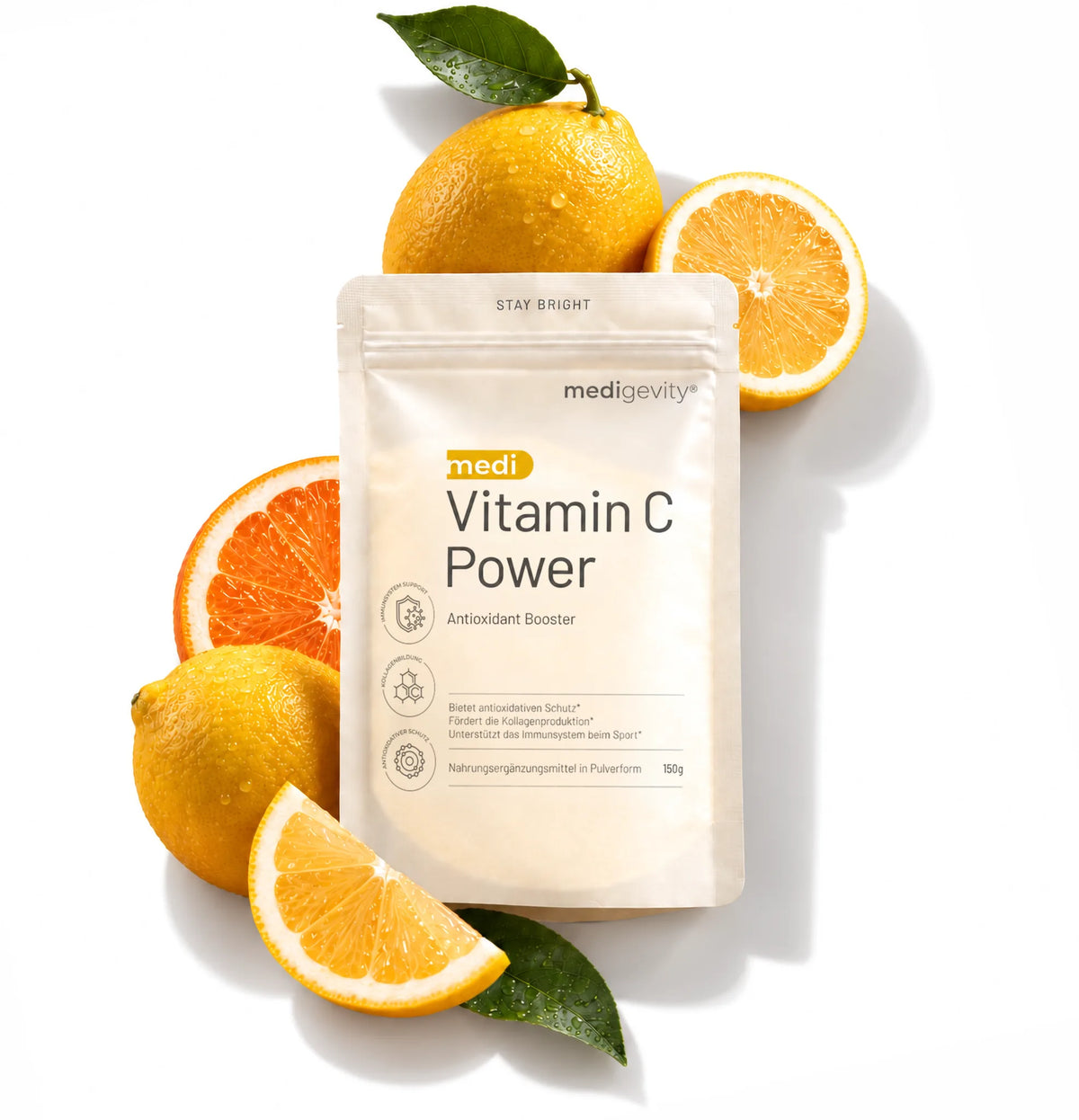 medigevity medi Vitamin C Power Pulverbeutel mit Zitronen und Orangenscheiben