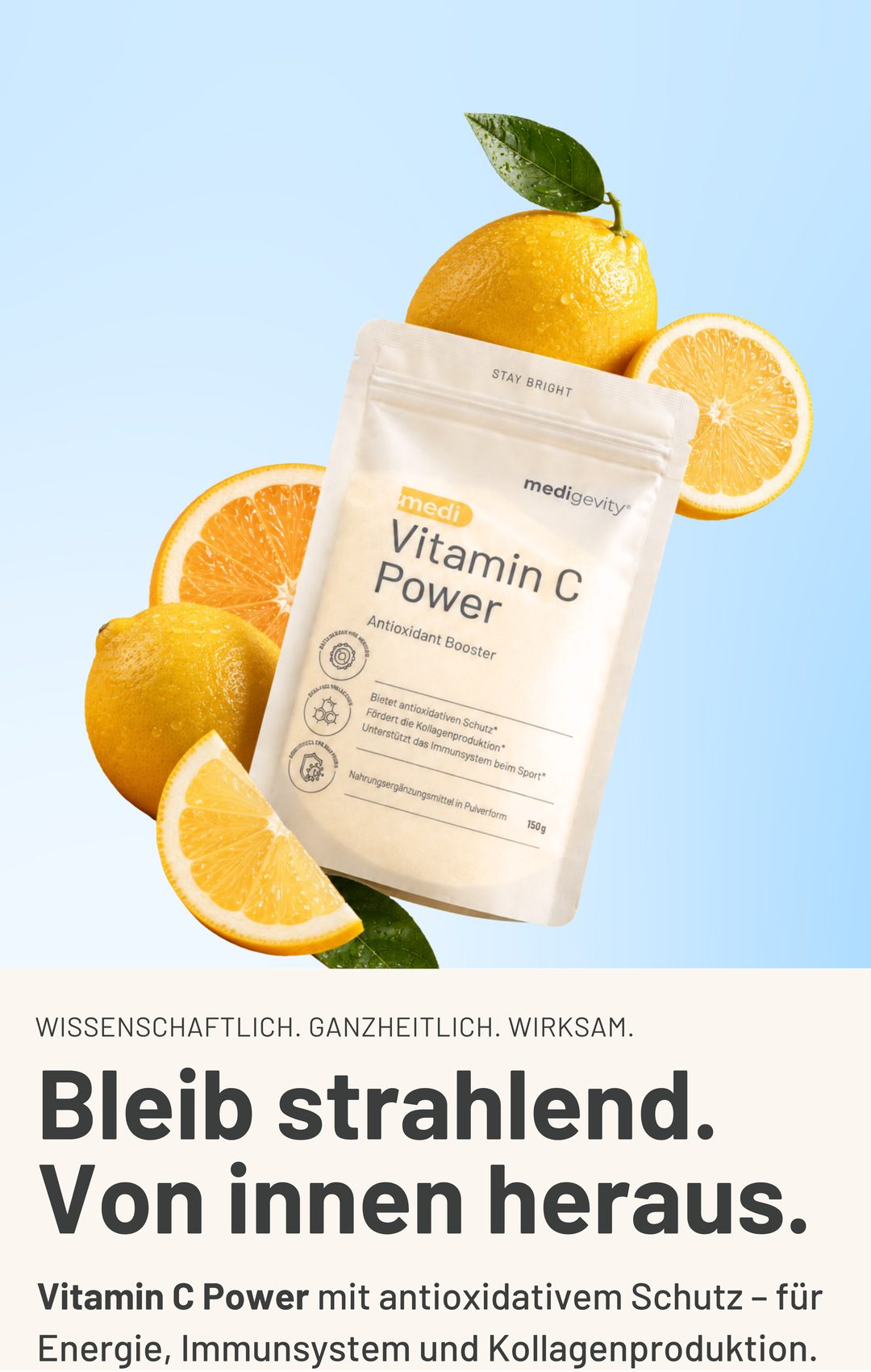 medi Vitamin C Power Pulver mit antioxidativem Schutz, umgeben von frischen Orangen und Zitronen – mobile Ansicht