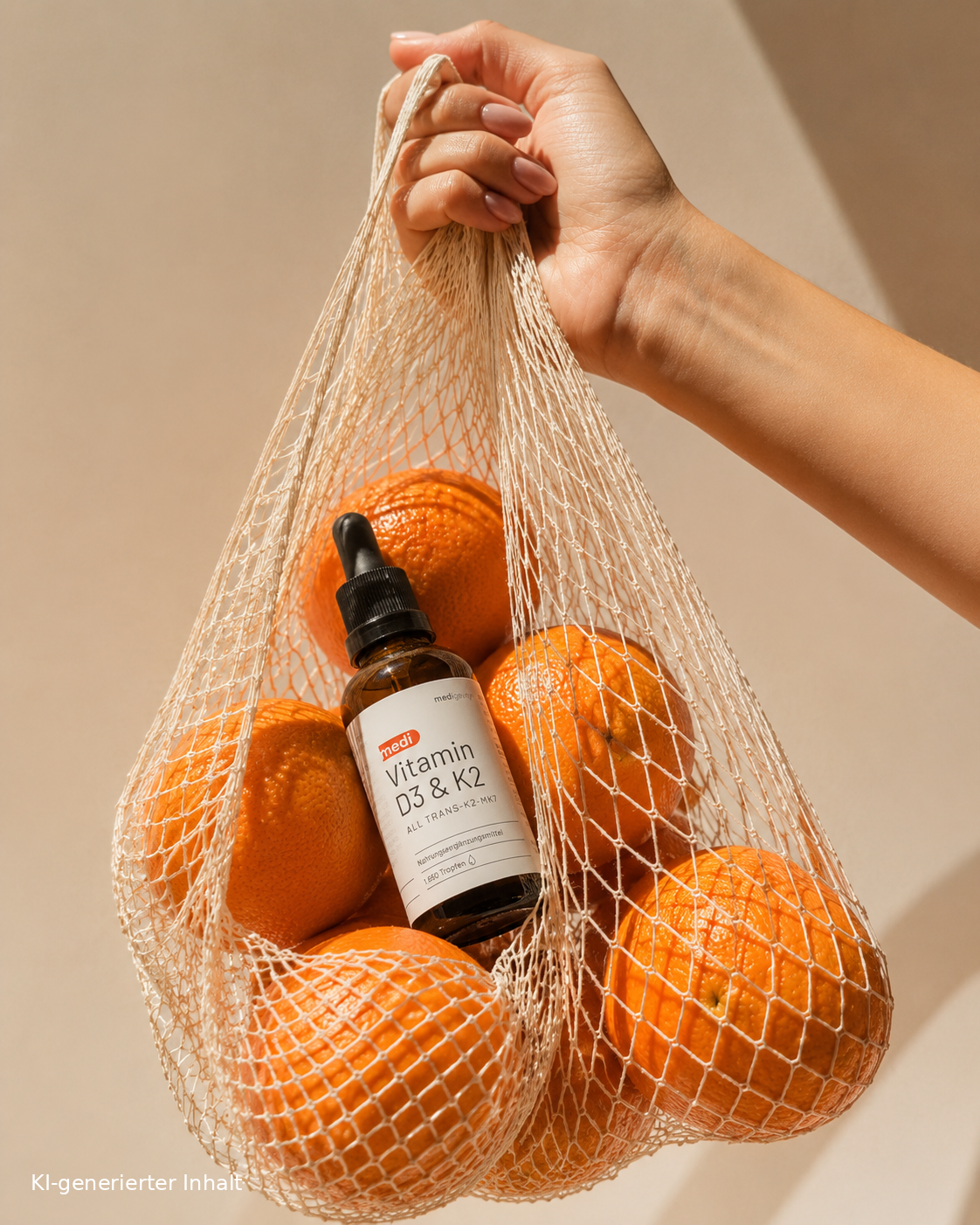 Hand hält einen Einkaufsnetzbeutel mit Orangen und einer medi Vitamin D3 & K2 Tropfenflasche