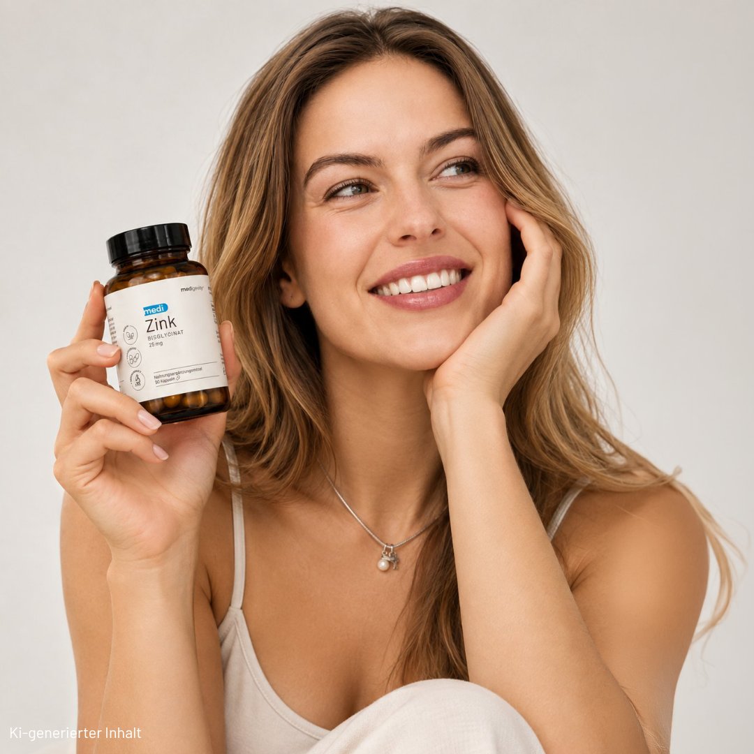 Lächelnde Frau hält eine Dose medi Zink Bisglycinat Kapseln (25 mg) in der Hand