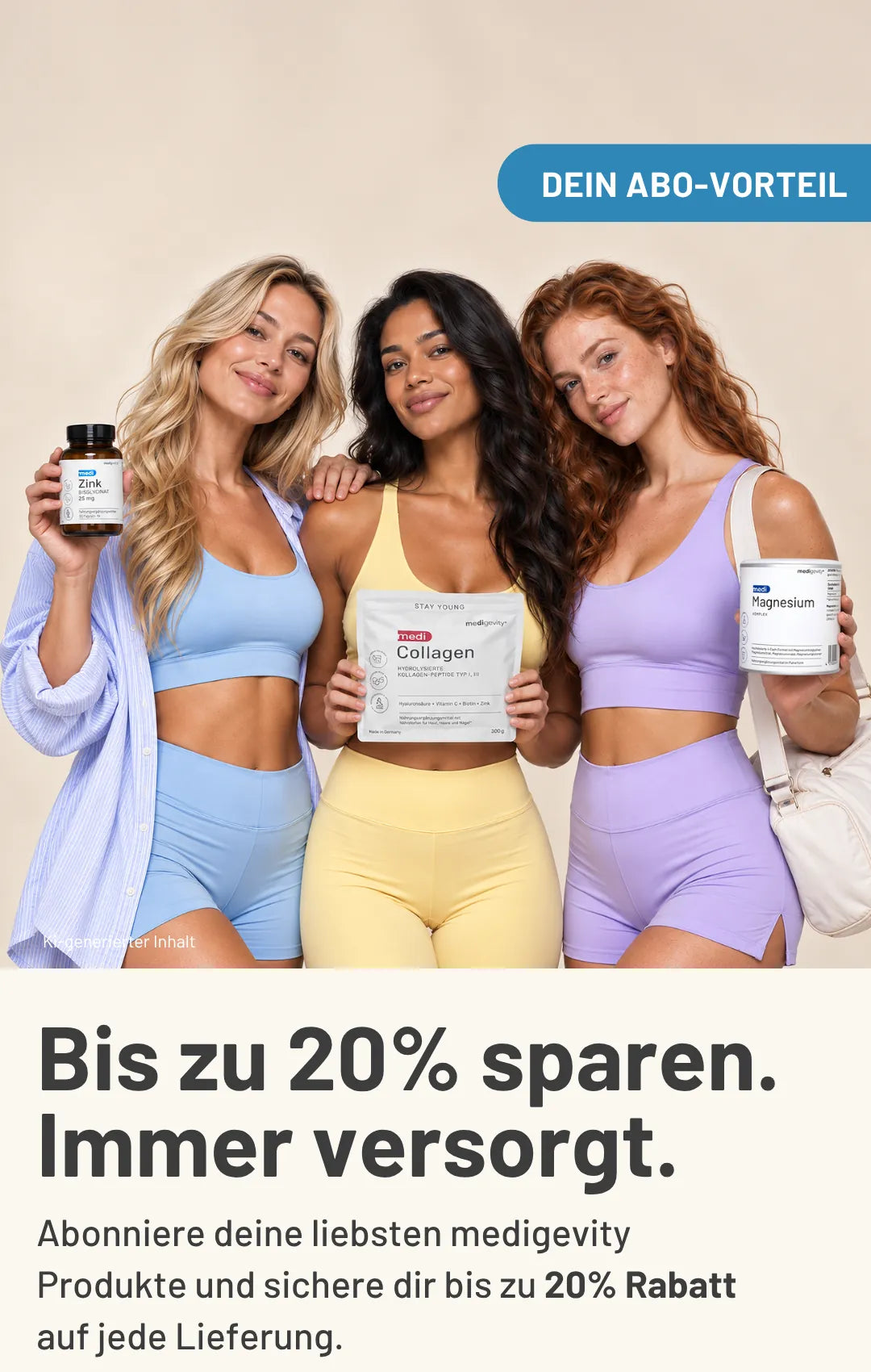 medigevity Abo-Vorteil: Drei Frauen mit Nahrungsergänzungsmitteln Zink, mediCollagen und Magnesium – bis zu 20% Rabatt im Abo sichern