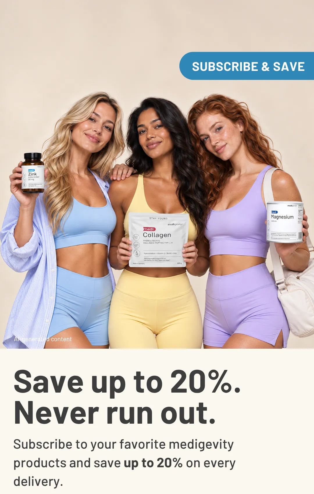 Three women holding medi Zinc, medi Collagen, and medi Magnesium with a Subscribe & Save 20% discount banner, mobile version