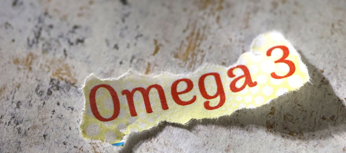Nahaufnahme eines Papierschnipsels mit der Aufschrift 'Omega 3' auf gepunktetem Hintergrund